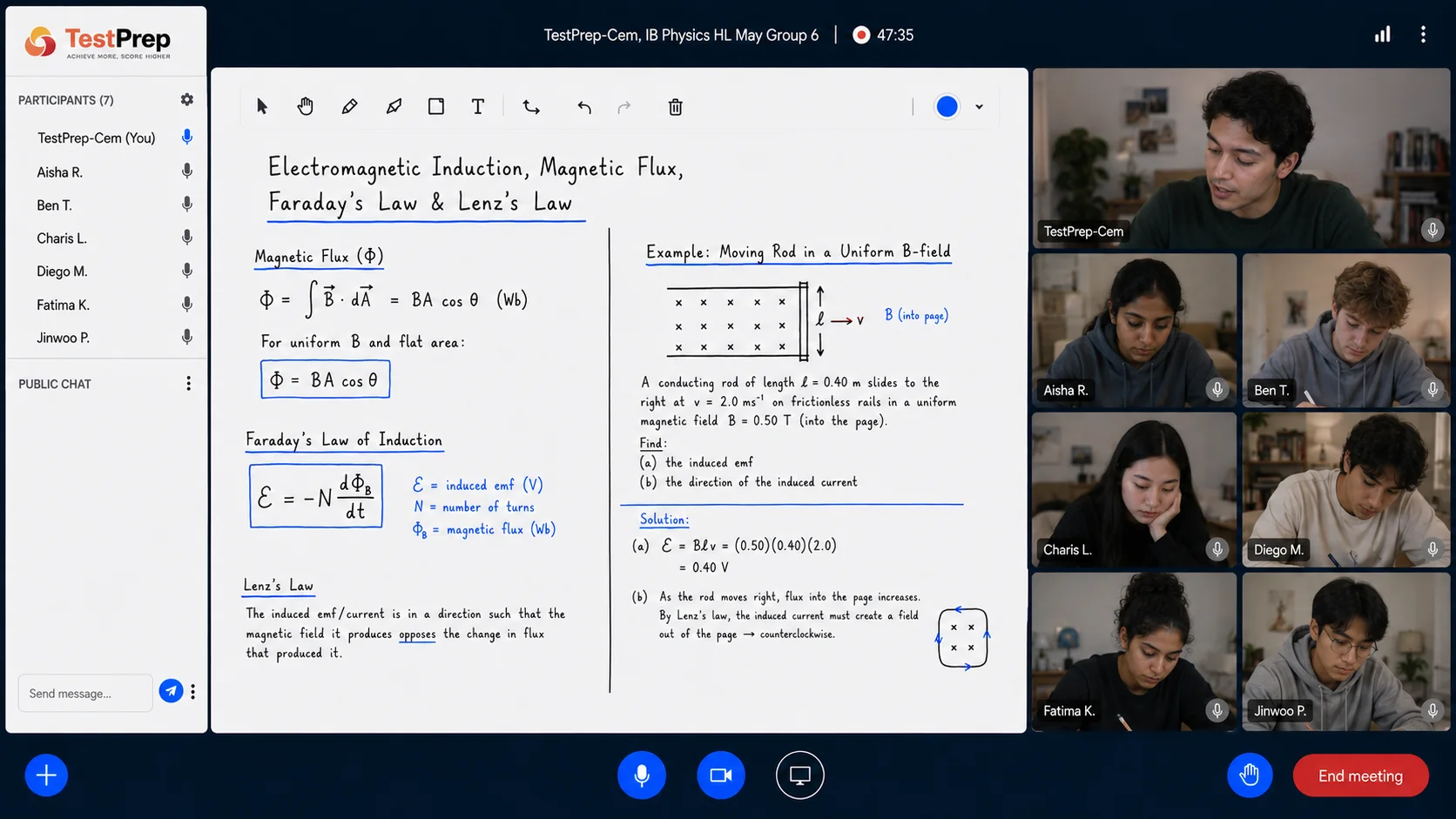 TestPrep online IB Physics HL dersinde interaktif beyaz tahta, öğretmen ve öğrenciler